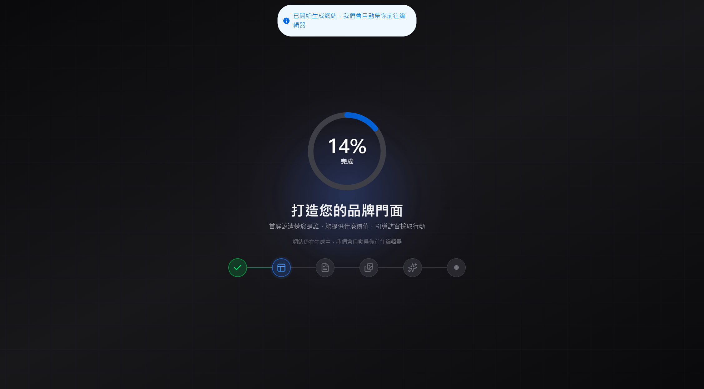 Kanorio AI 架設網站中——品牌故事生成進度畫面
